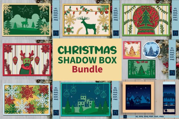 Collection of layered Christmas shadow box designs with reindeer, trees, and ornaments.