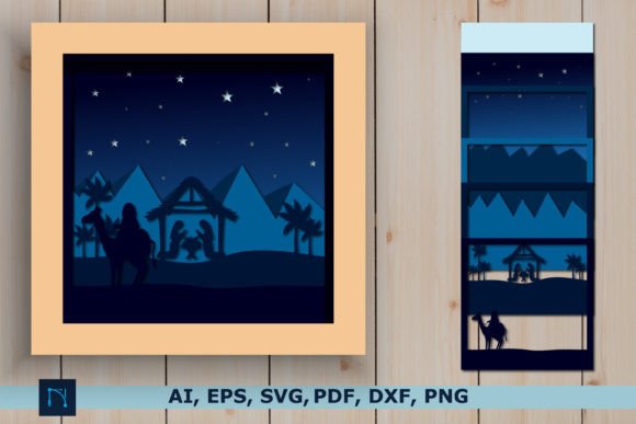 Blue and black nativity scene shadow box with stars and pyramids, shown assembled and in layers.