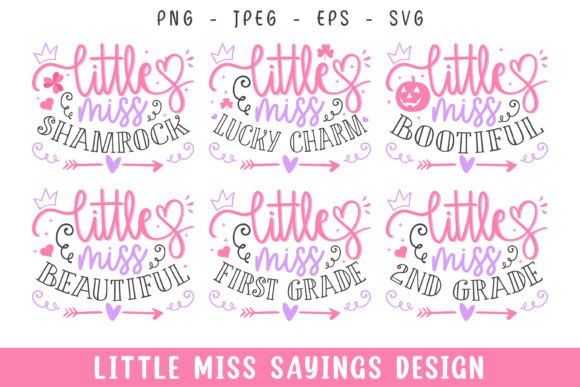 Six pastel designs with phrases like 'Little Miss Shamrock' and 'Little Miss Bootiful' in playful fonts.