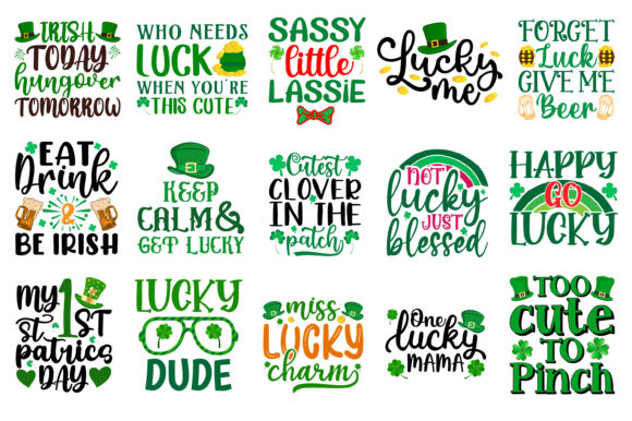 Sixteen St. Patrick's Day themed SVG designs with phrases and shamrocks in green, black, and orange.