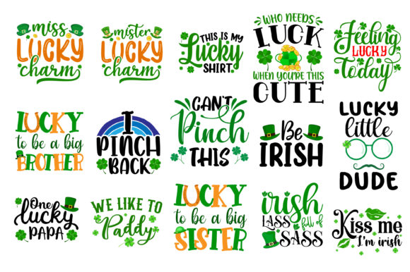 Sixteen St. Patrick's Day themed SVG designs featuring phrases, shamrocks, and hats in green, black, and orange.