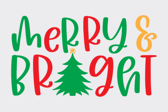 Colorful 'Merry & Bright' text with a green Christmas tree in the center.