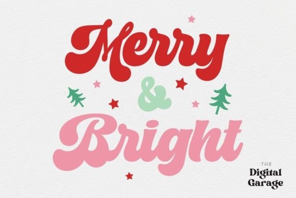 Red and pink 'Merry & Bright' text with stars and trees on white background.