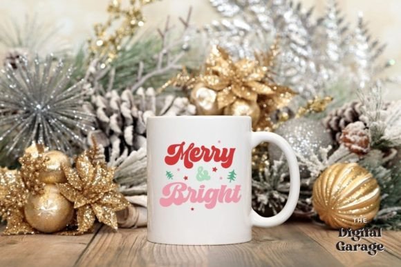 White mug with 'Merry & Bright' design, surrounded by festive gold and silver decorations.
