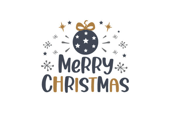 Merry Christmas SVG with a festive ornament, stars, and snowflakes for Cricut projects