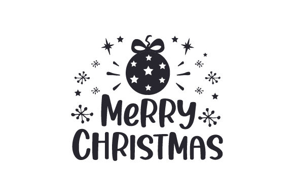 Black and white Merry Christmas SVG featuring an ornament and snowflakes for Cricut use