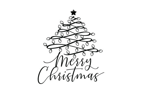 Black and white Christmas tree with lights and 'Merry Christmas' text for SVG cutting.