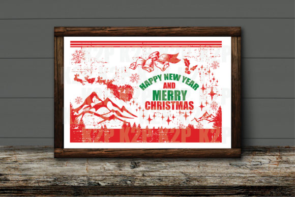 Framed Christmas design with red mountains, snowflakes, and 'Happy New Year and Merry Christmas' text.