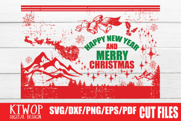 Christmas design on white wood, featuring red mountains, snowflakes, and 'Happy New Year and Merry Christmas' text.