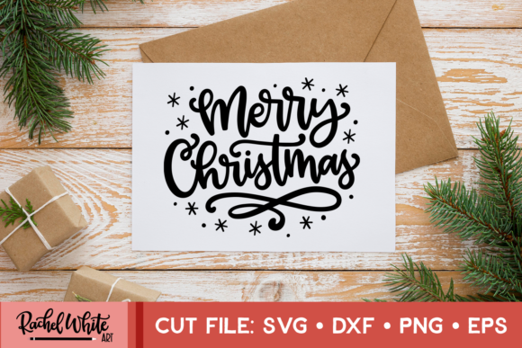 Black hand-lettered 'Merry Christmas' SVG on white card with pine and gift decor, perfect for Cricut projects.