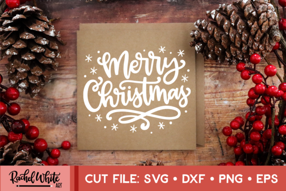 White hand-lettered 'Merry Christmas' SVG on brown card with pinecones and berries, ideal for Cricut crafts.