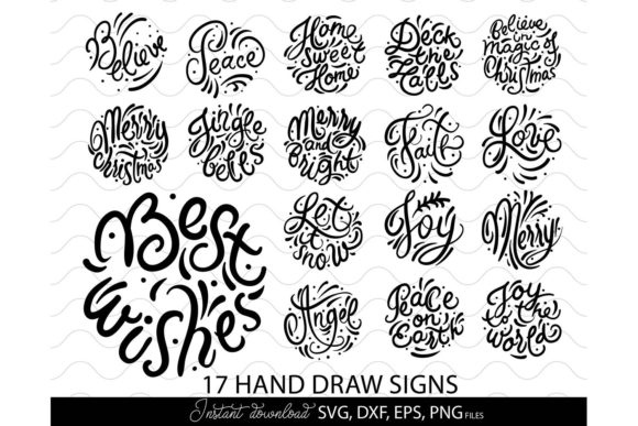 Black and white hand-lettered Christmas phrases for Cricut projects, including 'Best Wishes'.