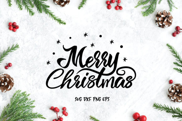 Black and white 'Merry Christmas' hand lettered SVG surrounded by pine cones and berries.