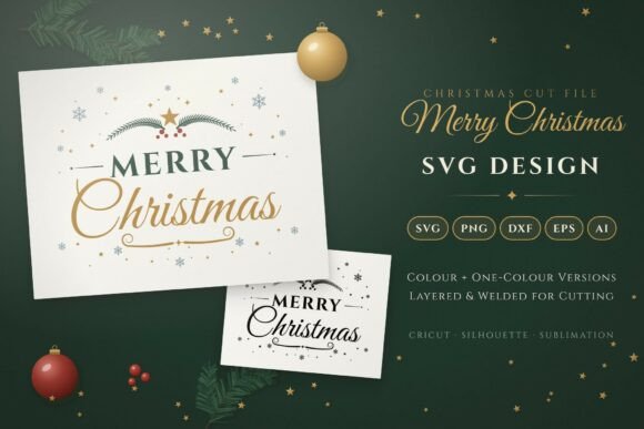 Merry Christmas text in elegant script with stars and holly, displayed on a card with festive decorations.