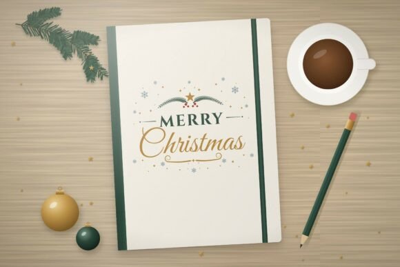 Notebook cover with Merry Christmas text in script, surrounded by a pencil, coffee cup, and ornaments on a table.