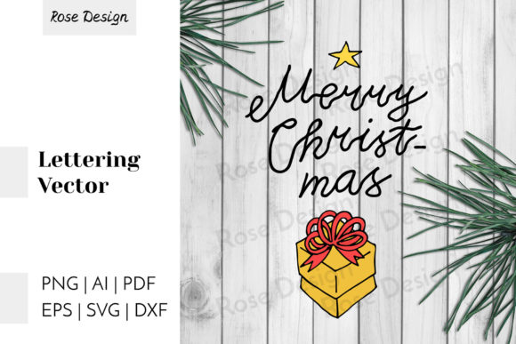 Handwritten 'Merry Christmas' with a star and gift box on wood background.