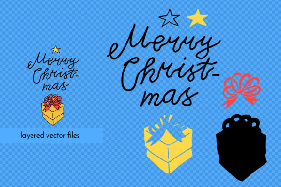 Handwritten 'Merry Christmas' with star and gift box on blue background.