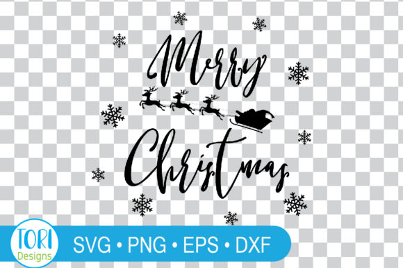 Black 'Merry Christmas' text with reindeer and sleigh, surrounded by snowflakes on a checkered background.