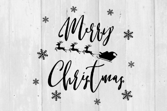 Black 'Merry Christmas' text with reindeer and sleigh, surrounded by snowflakes on a wooden background.