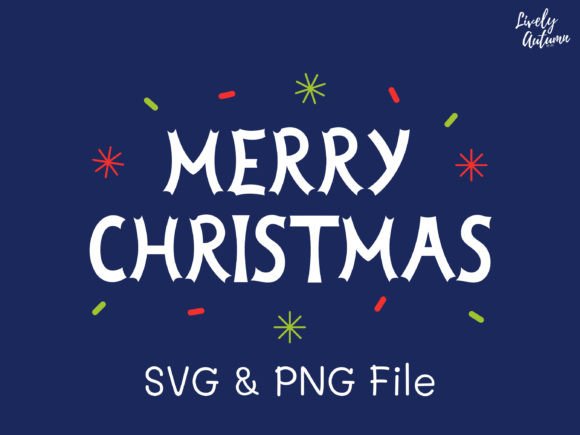 White 'Merry Christmas' text with colorful stars on blue background.