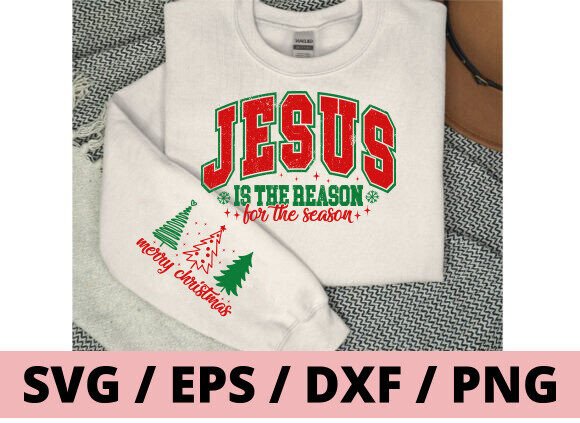 White sweatshirt featuring 'Jesus is the reason for the season' and Christmas trees, perfect for Cricut crafts.