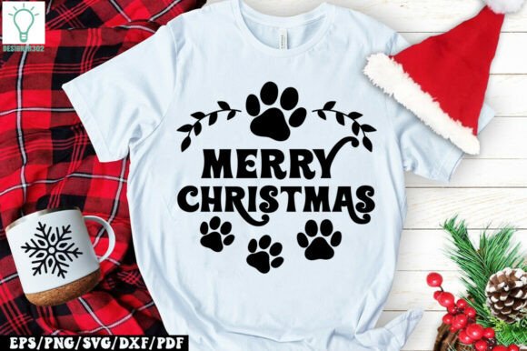 White T-shirt with Merry Christmas SVG design featuring paw prints, ideal for Cricut projects.