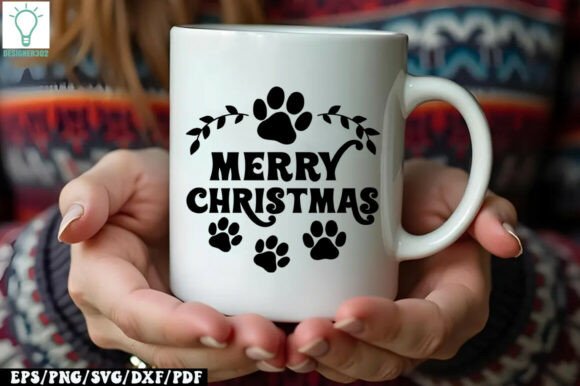 White mug held in hands with Merry Christmas SVG design and paw prints, perfect for Cricut crafts.