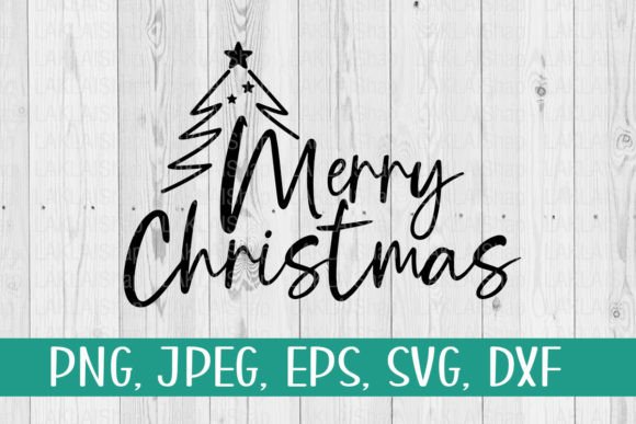 Black 'Merry Christmas' text with stylized tree on wood background.