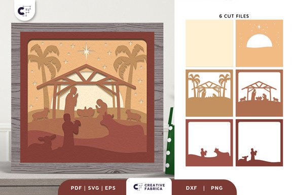 Set of six cut files showing layers of a nativity scene with a stable, palm trees, and figures of Mary and Joseph.