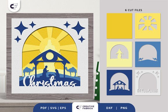 Display of six cut file designs for a nativity scene, including layers with stars and 'Christmas' text.