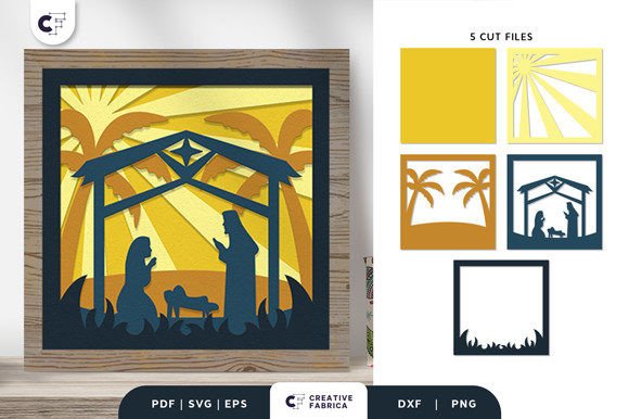 Nativity scene light box with layered design; includes separate cut files showing individual layers like palm trees and stable.