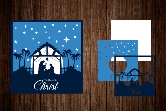 Nativity scene paper cut with stars, palm trees, and 'The Birth of Christ' text on blue background.