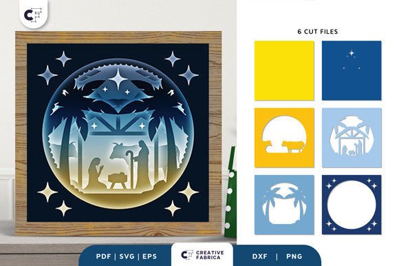 Nativity shadow box with layered design; includes six cut file previews in various colors.
