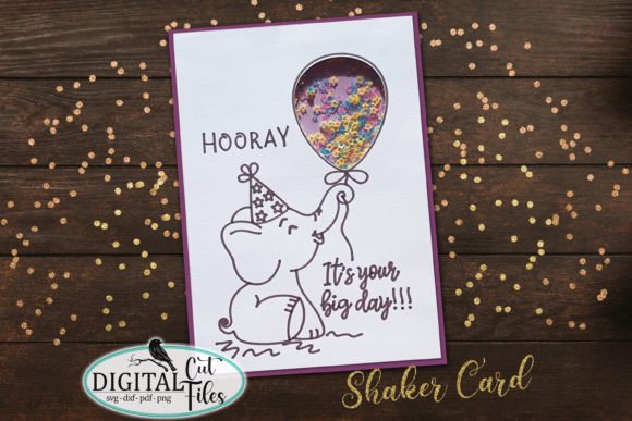 Elephant-themed birthday card with balloon shaker design for Cricut.