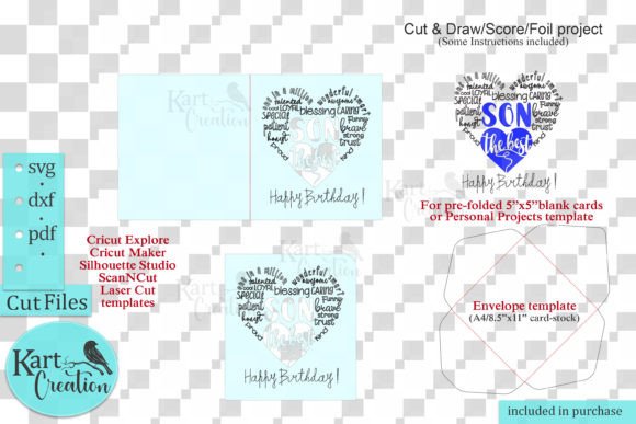 Digital file set showing card design with heart-shaped word art, envelope templates, and file format options.