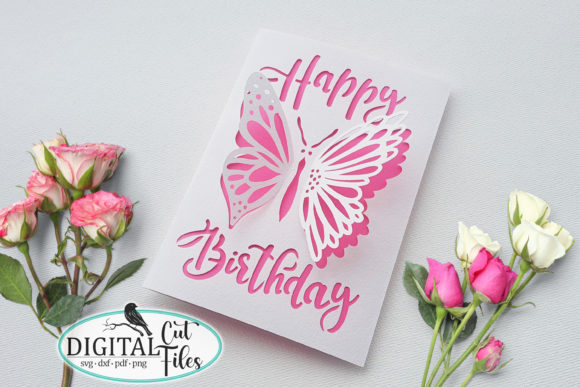 Pink butterfly birthday card SVG design with 'Happy Birthday' text, suitable for Cricut projects.