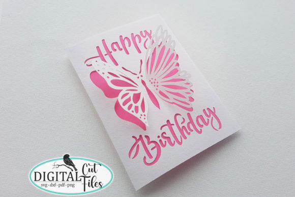 Close-up of a butterfly-themed birthday card SVG with pink accents, perfect for Cricut cutting.