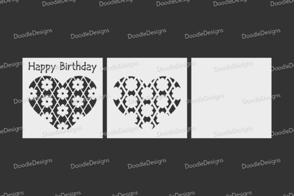 SVG file showing three panels with heart and flower cutouts for a birthday card.