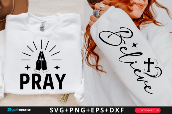 White sweatshirt with 'PRAY' and praying hands graphic.