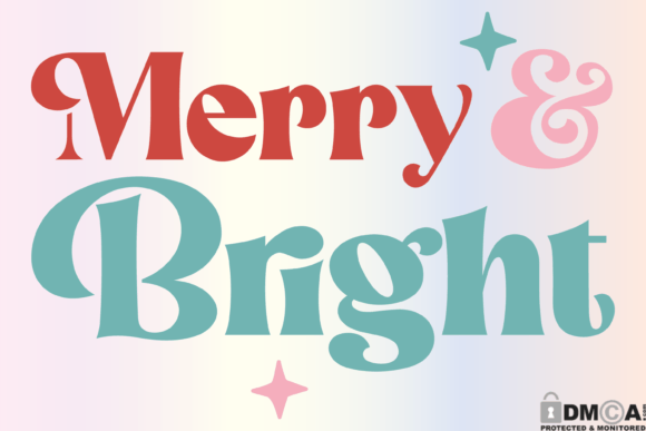 Red and teal 'Merry & Bright' text with stars on a pastel background.
