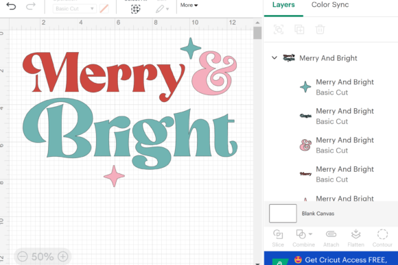 'Merry & Bright' design in Cricut software with layers panel visible.