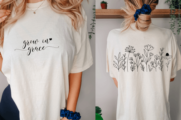 Front and back view of a shirt with boho floral SVG and 'grow in grace' text, ideal for Cricut crafting.