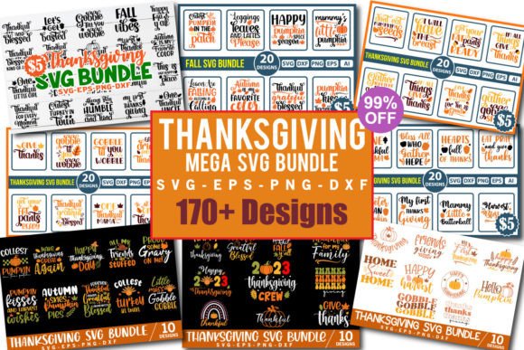 Colorful Thanksgiving-themed SVG designs for Cricut projects with phrases and autumn motifs.
