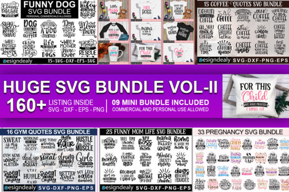 Collage of various SVG designs with text themes, including dogs, coffee, gym, and pregnancy quotes.