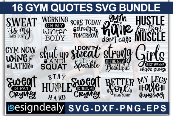 Collection of gym-themed SVG designs with motivational quotes in various fonts and styles.