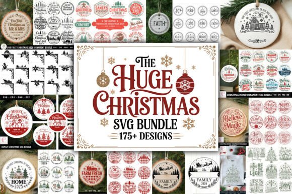 Collage of various Christmas-themed SVG designs including ornaments and holiday phrases in red and white.