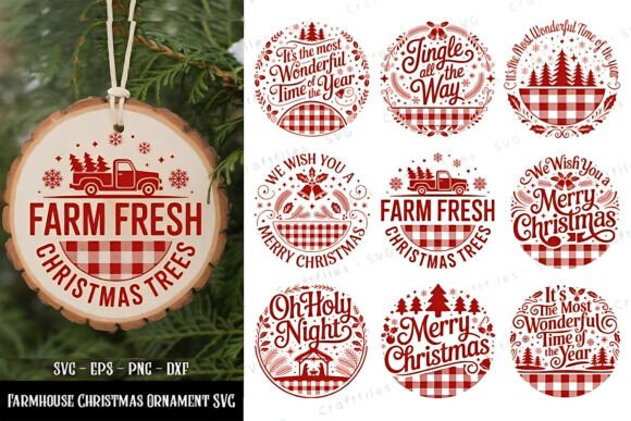Round ornament with 'Farm Fresh Christmas Trees' design, featuring a red truck and checkered pattern.