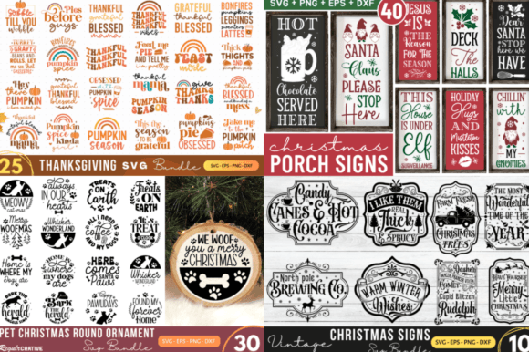 Collection of SVG designs featuring Thanksgiving, Christmas porch signs, and vintage Christmas themes.