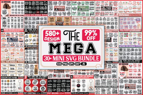 Collage of various SVG design thumbnails with text and graphic elements.