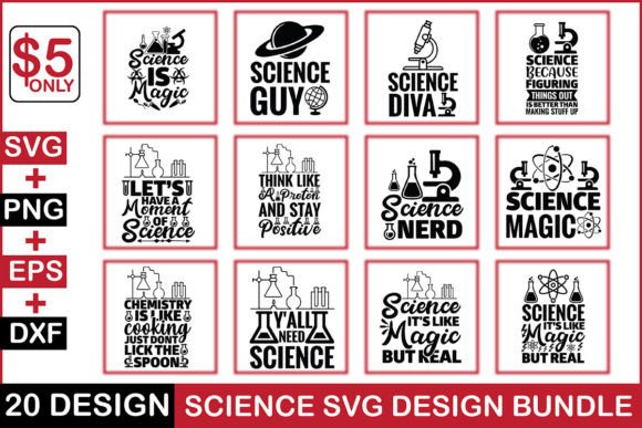 Grid of science-themed SVG designs with text and icons like beakers and planets.